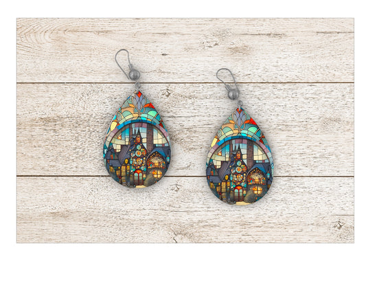 Peaceful Village Stained Glass Earrings