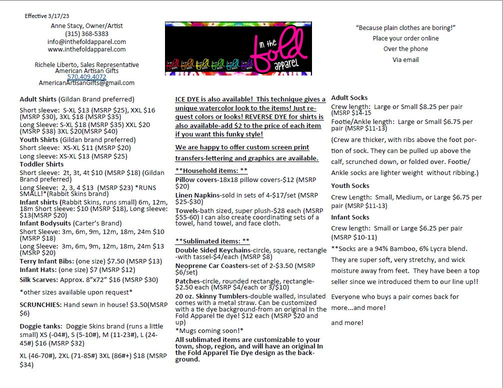 In the Fold Apparel Wholesale Price List (effective 3/1/23)