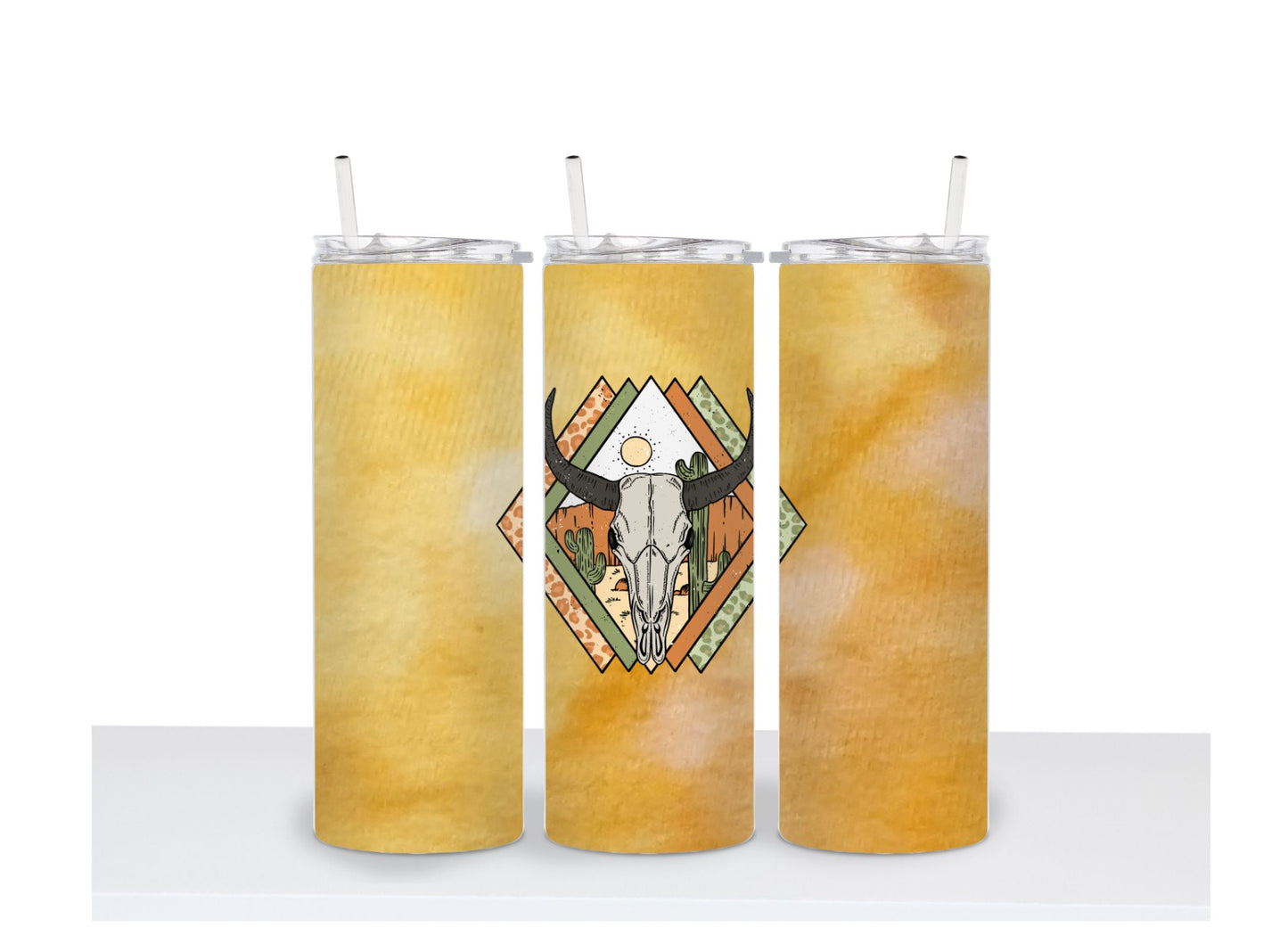 Southwestern Cow Skull Golden Tie Dyed 20 oz. Skinny Tumbler